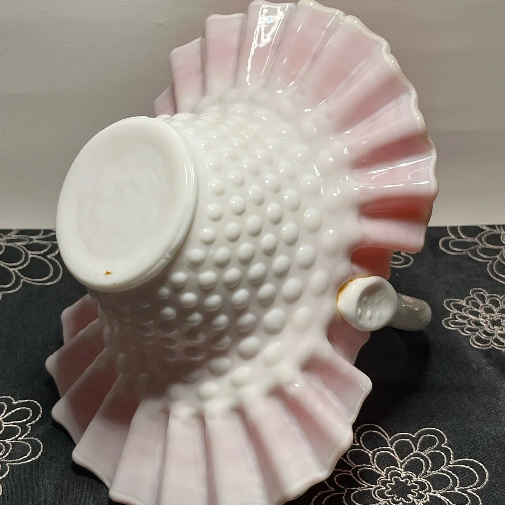 Vintage Fenton Hobnail Basket Ruby Red Overlay with White Handle & Ruffled Edge